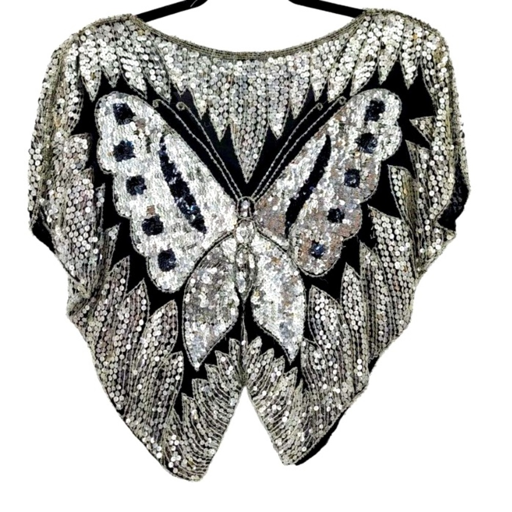 VINTAGE 💯 Silk Sequin Beaded Butterfly Silhouette Pullover/Poncho/Top - Picture 2 of 7